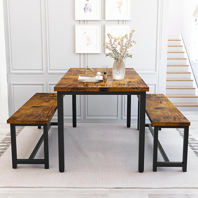 Recaceik Dining Table Set with Bench, 3 Pieces Dining Furniture Set Kitchen Table Set Sturdy Structure Space-Saving Dinette for Kitchen, Dining Room Breakfast Nook, Living Room, Rustic Brown