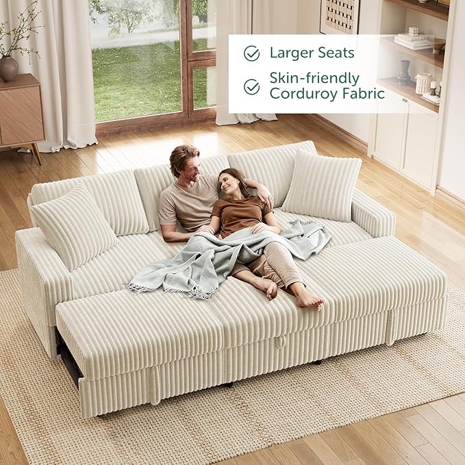 HONBAY Sectional Sleeper Sofa with Pull Out Bed, L Shaped U Shaped Couch with Storage Ottoman, Velvet White