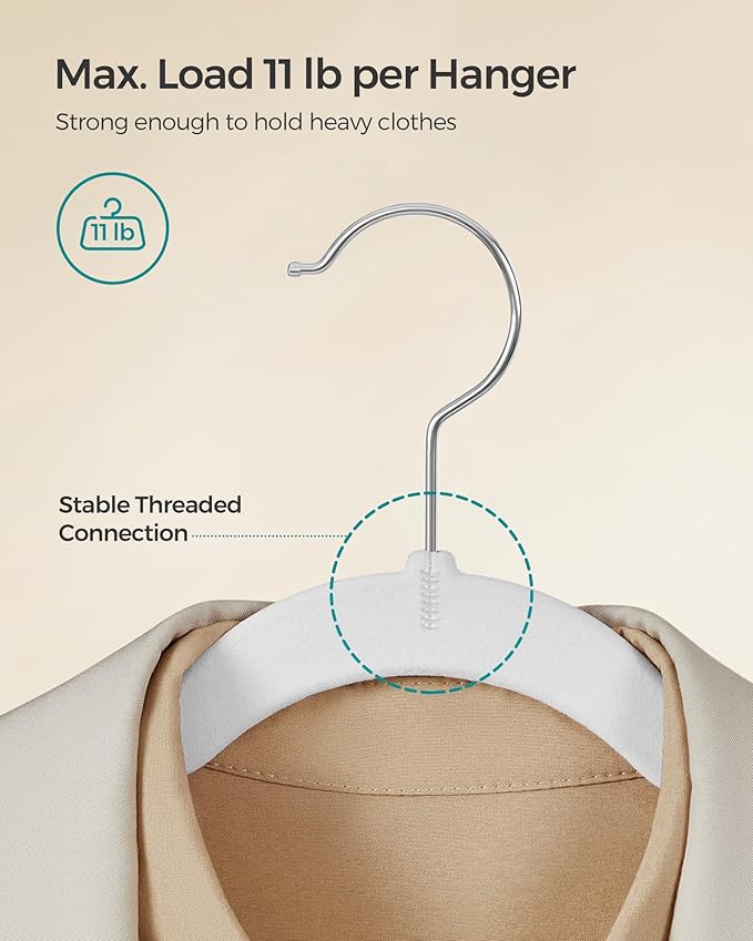SONGMICS Velvet Hangers 50 Pack, Non-Slip Clothes Hangers, Suit Hangers with Shoulder Notches, Pants Bar, 360° Swivel Hook, Space-Saving, for Closet, Cloud White UCRF029W05