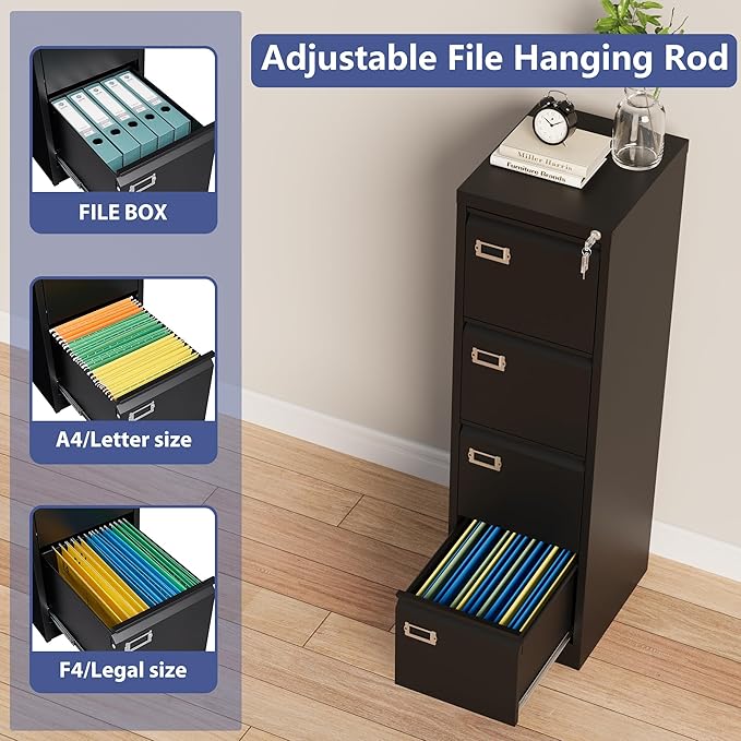 4 Drawer File Cabinet with Lock, Metal Filing Cabinets, Vertical Small Filing Cabinet Steel Lockable Storage Cabinets for Home Office to Organization Hanging Letter/Legal/F4/A4