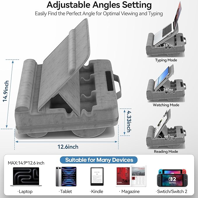 Laptop Lap Desk with Cushion, Adjustable Lap Desk Pillow with Storage, Portable Lap Table for Adults Student, Laptop Stand for Bed Office College Dorm Home Room Couch, Fits Up to 14.9" PC Tablet, Gray