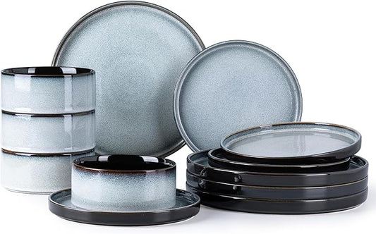 LERATIO Ceramic Dinnerware Sets for 4,Round Reactive Glaze Ceramic Plates and Bowls Set,Highly Chip and Crack Resistant | Dishwasher & Microwave Safe Dishes Set,Service for 4 (12pc)-Gray White
