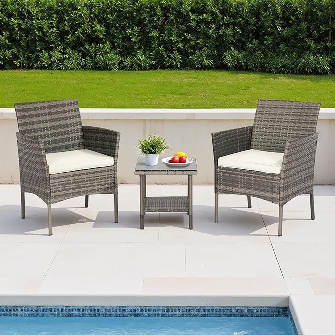FDW | 3-Piece Patio Furniture Set | Gray & Khaki | Outdoor Wicker Furniture with Coffee Table | Modern Rattan Chairs Conversation Set | Outdoor Seating | Weather-Resistant | for Porch, Garden, Lawn