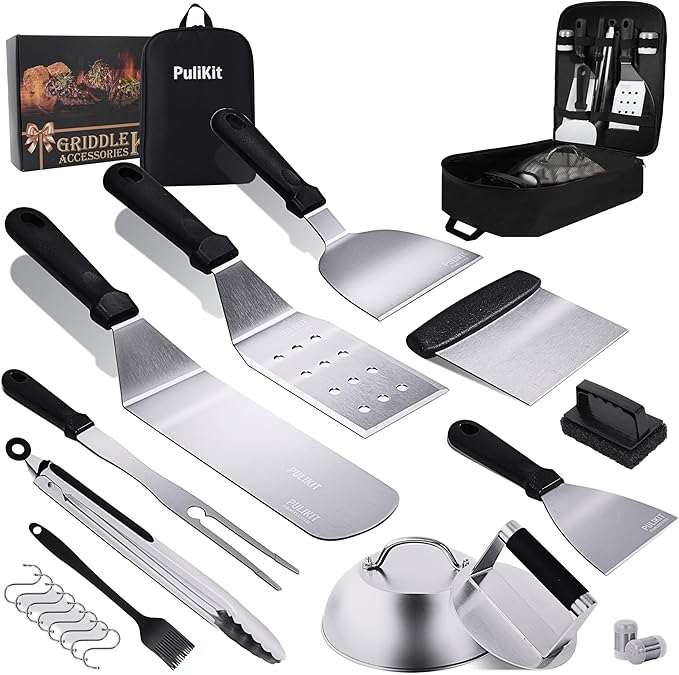 Griddle Accessories Kit for Blackstone Griddle- Stainless Steel Flat Top Grill Tools Set with Spatulas, Basting Cover & Carry Bag - Complete BBQ Cooking Kit for Outdoor, Backyard (Ideal Gift for Men)