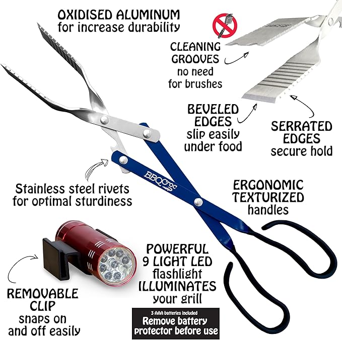 BBQ Croc 3 in 1 Barbecue Tool 18-inch - Extra Light and Long Tongs, Spatula and Grill Scraper (Blue) (18 inch with Flashlight)