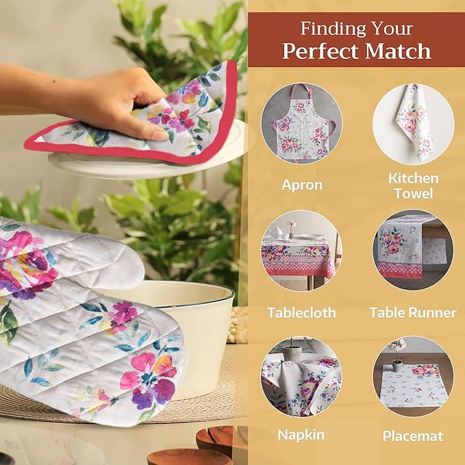 Maison d' Hermine Oven Gloves 100% Cotton Oven Mitt 7" x 13" with Loop Heat Resistant, BBQ, Cooking Gloves, Baking, Grilling, Kitchen, Handling Hot Pans Spring/Summer (Pack of 1, Rose Garden)