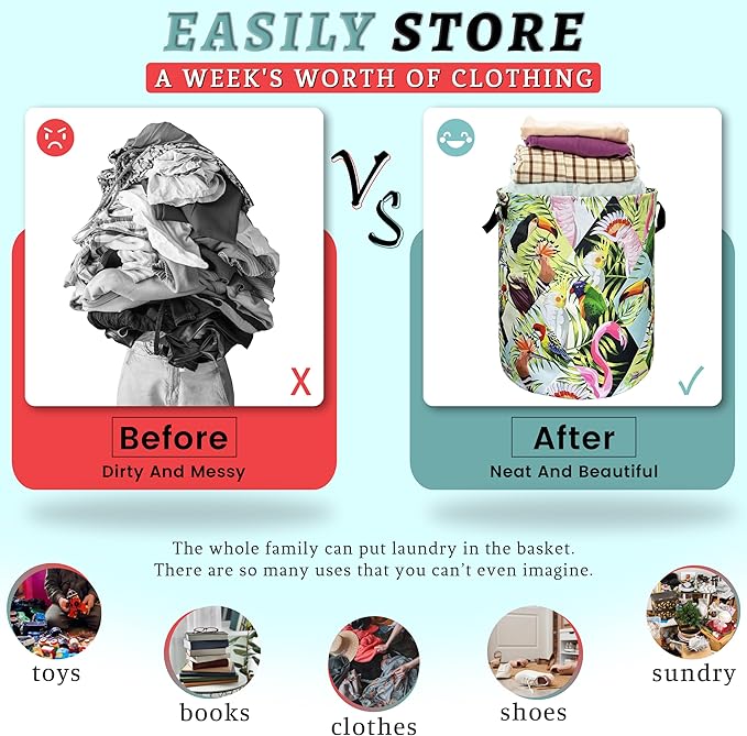 Funny Tropical Birds Laundry Basket Foldable With Handles Tote Bag Oxford Cloth Palm Leaves Laundry Hamper 18.9" x1 6.5" Clothes Storage Bucket Toy Organizer For Bathroom/Laundry/Bedroom