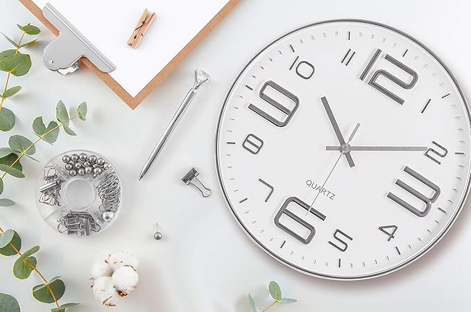 Bernhard Products Silver Wall Clock 12 Inch Silent Non-Ticking Quality Quartz Battery Operated Round White Decorative Modern Design for Home/Office/Kitchen/Bedroom/Living Room (Silver & White)