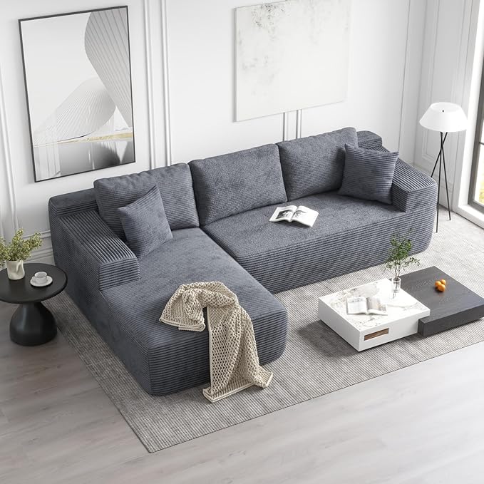 OC Orange-Casual 106.3" Cloud Sectional Couch with L-Shape Chaise,No Assembly Required Modular Sofa,Upholstered Boneless Couches for Living Room, Plush Corduroy Fabric (Grey, Left Facing Chaise)