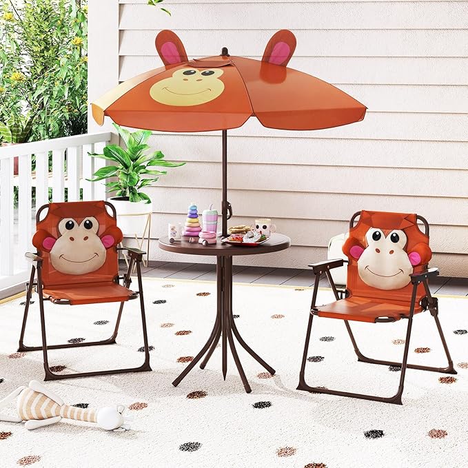 Costzon Kids Picnic Table, Kids Outdoor Table with 2 Folding Chairs, Height Adjustable Umbrella, Portable Children Outdoor Furniture for Patio, Garden, Backyard (Brown)