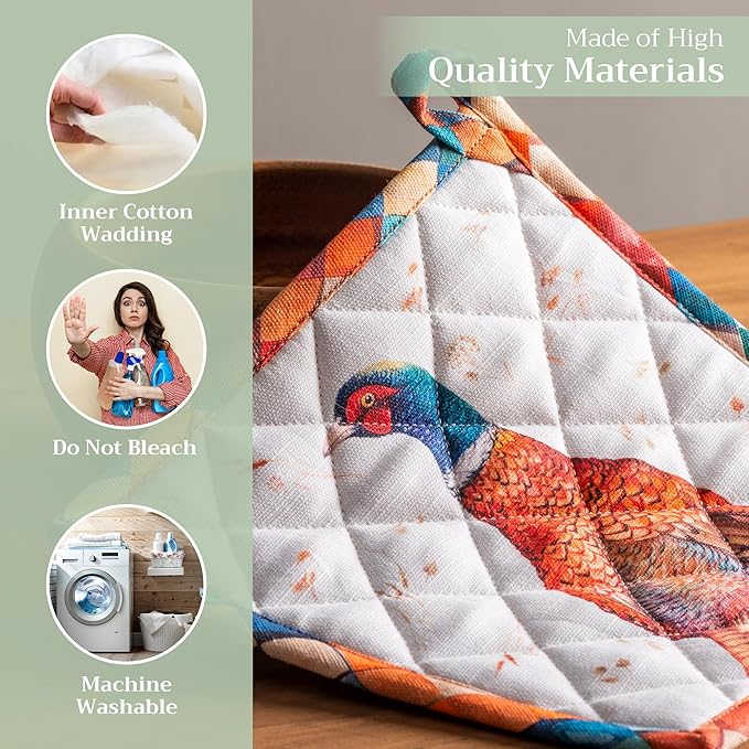 Maison d' Hermine Pot Holders 100% Cotton Heat Resistant Potholders 8" x 8" Hot Pads with Loop for Thanksgiving Christmas Decorations BBQ Cooking Baking Handling Hot Pans (Pack of 1, Faisan D'Automne)