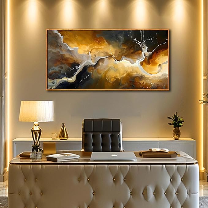 Abstract Wall Art for Bedroom, Marble Canvas Wall Decor for Living Room, Black and Gold Picture Print Artwork for Office, Size 48 x 24 Inches Framed