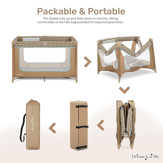 Dream On Me Zodiak Portable Playard in Coffee and Blue, Lightweight, Packable and Easy Setup Baby Playard, Breathable Mesh Sides and Soft Fabric - Comes with a Removable Padded Mat
