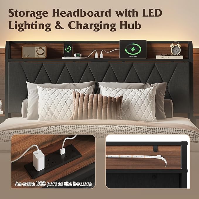 WLIVE Full Upholstered Bed Frame with 2 Side Shelves, Linen Tufted Storage Headboard with Charging Ports and LED Light, Metal Solid and Stable, No Box Spring Needed, Easy Assembly, Brown