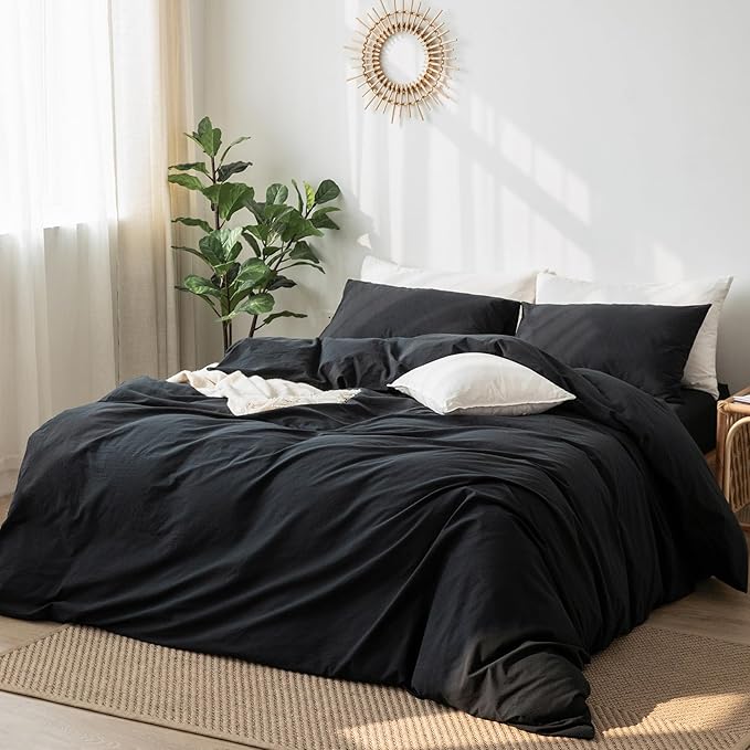 MooMee Bedding Duvet Cover Set 100% Washed Cotton Linen Like Textured Breathable Durable Soft Comfy (Solid Black, Super King Plus 120"x120")