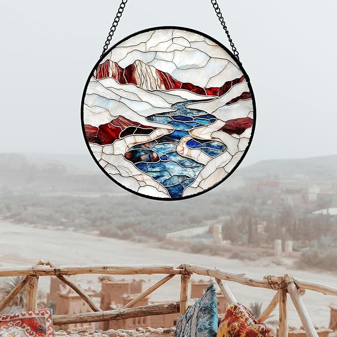 Stained Glass Window Hanging 4 Pcs Set Winter Skiing Red Christmas House Large 11.8" - Suncatcher Door Garden Sun Catcher Decor Birthday Mother's Day for Mom Woman Nana Friend