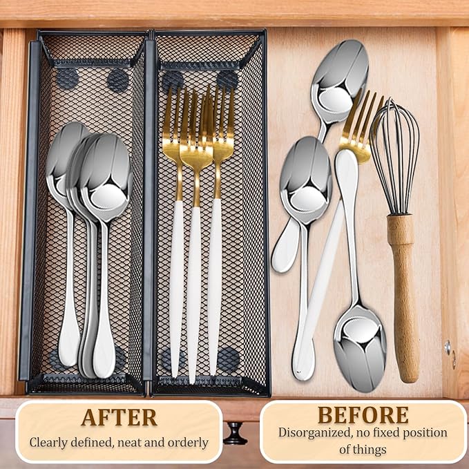 2PCS Drawer Organizer, Mesh Drawer Organizer with Interlocking Arm for Utensil, Cosmetic, Flatware, Pen (12 * 3 * 2 Inches, Grey)