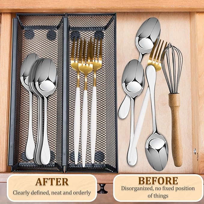 2PCS Drawer Organizer, Mesh Drawer Organizer with Interlocking Arm for Utensil, Cosmetic, Flatware, Pen (9 * 3 * 2 Inches, Black)