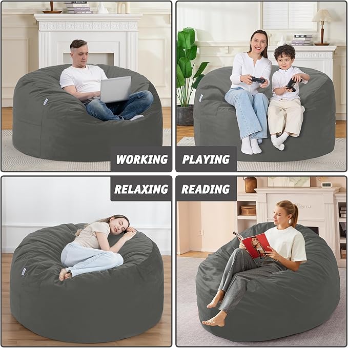4FT Bean Bag Chair with Ultra Soft Velvet Cover Bean Bag Sofa with Memory Foam Bean Bag Chairs with Large Size Lazy Sofa for Dorm Office Living Room Bedroom Light Grey 4'