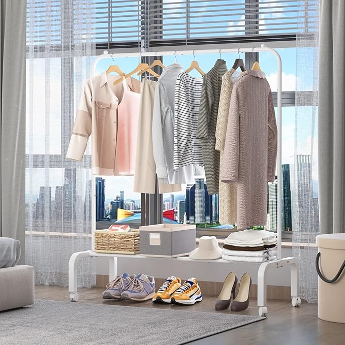 Rolling Clothes Rack Metal Clothing Rack with Wheels Garment Rack with Bottom Shelf for Hanging Clothes Shirts Jeans and Coats White