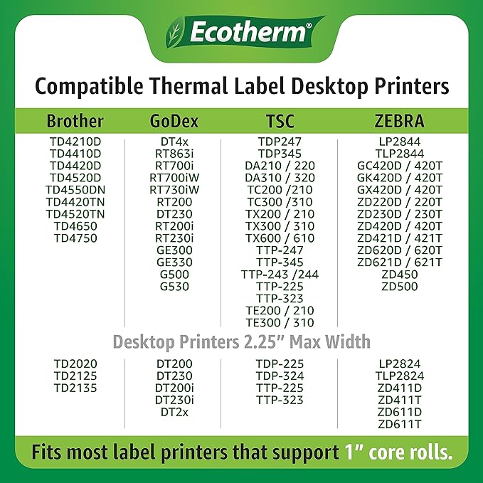 4" x 2" Thermal Labels | 6 Rolls | 7500 Labels | fits Zebra, Munbyn, Rollo, Godex, Arkscan, iDPRT, Offnova Thermal Label Printers and More | Blank White Adhesive Stickers by Ecotherm