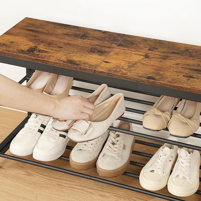 HOOBRO Shoe Storage Bench, 29.5" L Entryway Bench Organizer, 3-Tier Shoe Rack for Closet, Shoe Shelf with Wooden Top Seat, Loads 300 lb, Space-Saving, Rustic Brown and Black BF76HX01