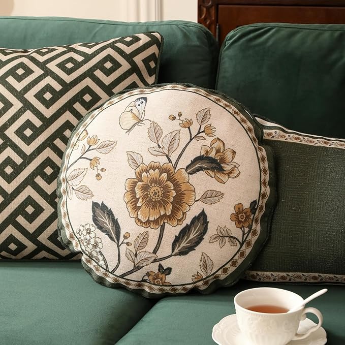 Design Linen Chinoiserie Round Throw Pillow Covers Diameter 16", Farmhouse Cushion Covers with Yellow Floral Birds Pattern Decoration Pillowcases for Bed,Living Room,Outdoor,Car