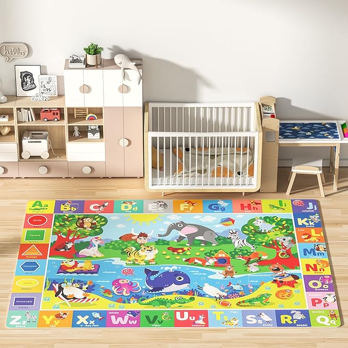 Baby Play Mat for Floor, Non-Slip Playmat for Toddlers & Infants, Extra Thick Large Padded Educational ABC Kids Rug for Crawling & Playing Super Soft Plush Surface to Keep Safe(60"x80")