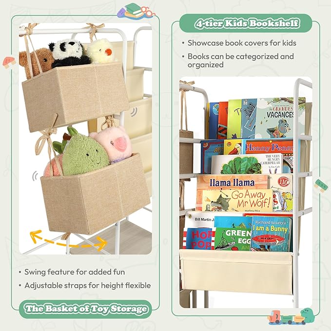 Kids Bookshelf and Toy Storage, Montessori Bookshelf, 4-Tier Baby Toddler Book Shelves, Bookshelf for Kids with Toy Storage Organizer, Book Shelf for Kids Rooms Nursery Playroom Classroom