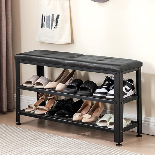 Apicizon 35.5" Shoe Rack Bench, 3-Tier Entryway Bench, with Leather Seat and Metal Frame, Loads 300 lb, Suitable for Living Room, Hallway, Mudroom, Doorway, Black