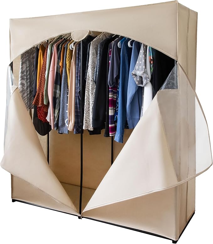 HOLDN’ STORAGE Portable Wardrobe Closet - 65 lb Large Capacity, Internal Heavy Duty Metal Rod, Zipper & Clear Window, Durable Clothes Organizer, Tool-Free Easy Assembly, Beige Canvas Cover