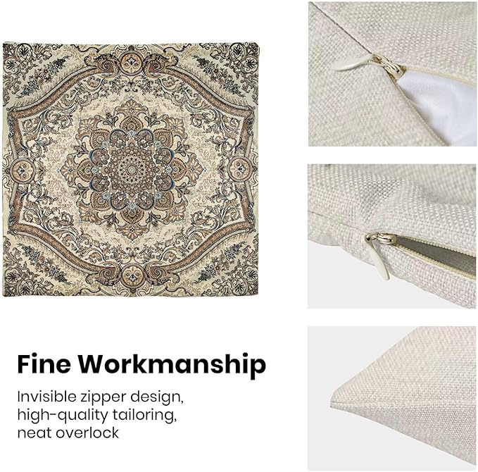 Boho Throw Pillow Covers 18x18 Inch Set of 2, Linen Ethnic Design Pattern Decorative Throw Pillow Covers Gray Carpet Pattern Outdoor Cushion Cover for Sofa Couch Farmhouse Room Bed Decor