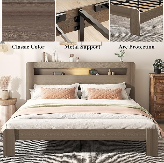 Wooden Bed Frame King Size with Storage Headboard - Farmhouse Platform Bed Frame with Bookcase Shelf & Led Lights, Sturdy Wood Slat Framework Bed Frame (Light Brown LED)