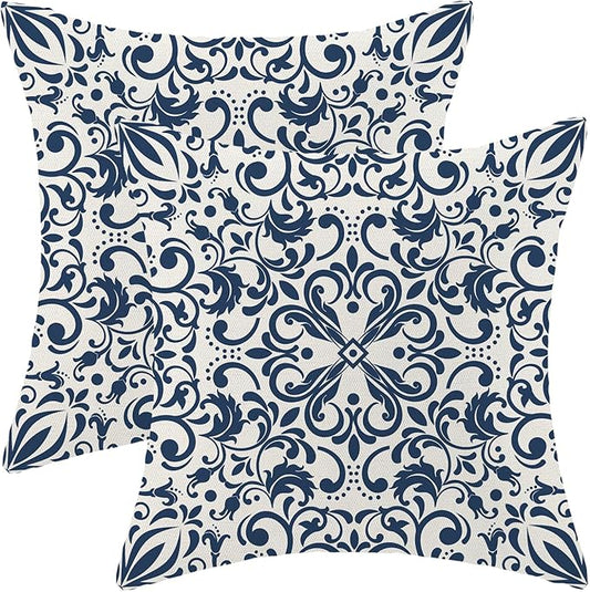Navy Blue Boho Pillow Covers 18x18 Set of 2, Bohemian Ethnic Design Carpet Pattern Decorative Throw Pillows Linen Blue Print Farmhouse Cushion Pillow Covers for Sofa Couch Outdoor Decor