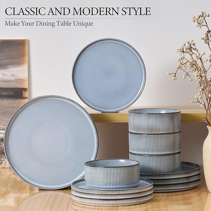 E-far 24-Piece Stoneware Dinnerware Sets, Plates and Bowls Sets for 8, Kitchen Modern Dinning Porcelain Dishes Set, Chip & Scratch Resistant, Dishwasher & Microwave Safe, Dusty Blue