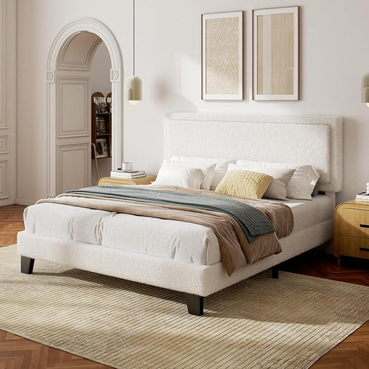 King Size Bed Frame with Adjustable Headboard, Boucle Cloud Platform Bed with Wood Slats, Mattress Foundation, No Box Spring Needed, Easy Assembly, Beige
