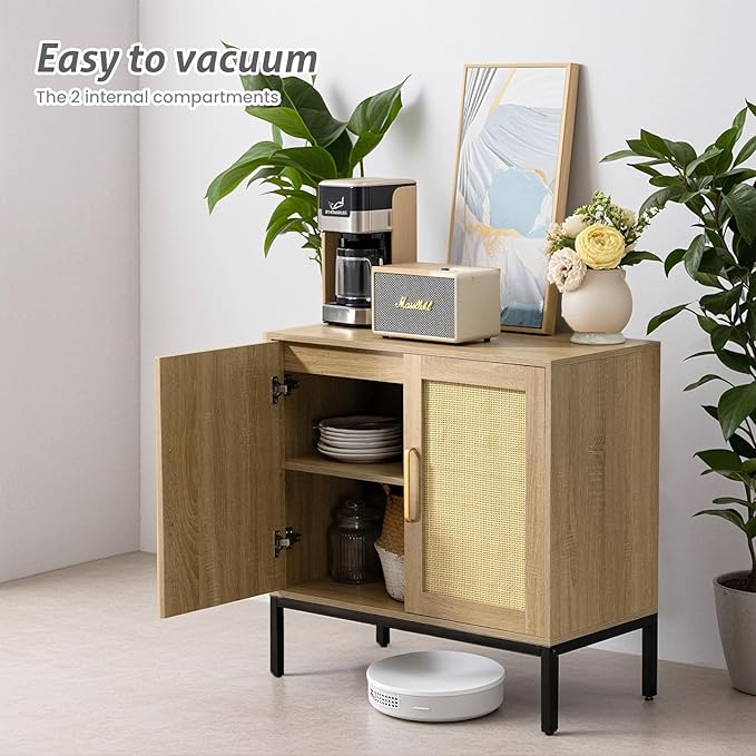 Buffet Cabinet with Storage, Storage Cabinet with Rattan Decor Doors, Accent Sideboard Bufft with Solid Wooden Feet, for Living Room, Hallway, Kitchen, Buffet Table