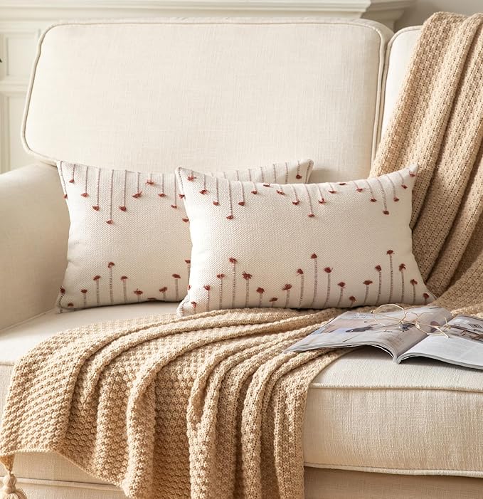 Caflife Boho Throw Pillow Covers 12x20 Set of 2 Decorative Pillows for Bed, Neutral Pillow Covers Beige with Rust Line Throw Pillows for Modern Farmhouse Couch Sofa Living Room Outdoor