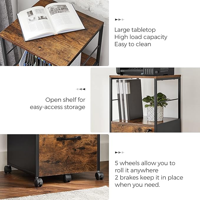 VASAGLE 1 Drawer File Cabinet with Lock, Printer Stand, Office Filing Cabinet Organizer, for A4 and Letter Size Documents, Rustic Brown and Black UOFC044B01