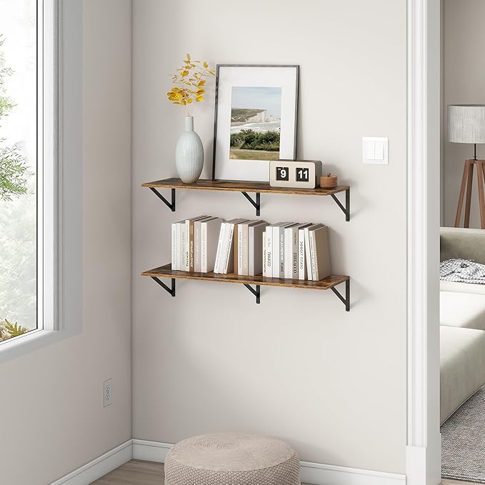 36"W x 12"D Floating Shelves, Deep Floating Shelves with Brackets, 12 Inch Deep Wall Shelves for Books, Wide Display Storage Shelves for Bathroom, Living Room, 36 Inch Long, Rustic Brown, Set of 2