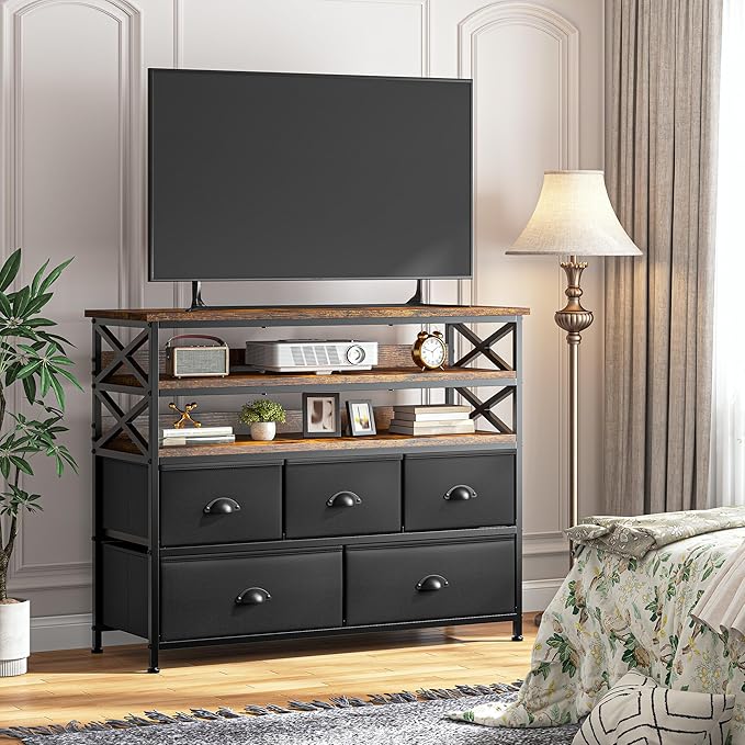 Black Dresser TV Stand for 50" TV, Sturdy Dresser for Bedroom with 3 Wood Open Shelves and 5 Fabric Drawers, Chest of Drawers Storage Dressers for Entryway, Closet, 11.8" D x 39.4" W x 38.4" H