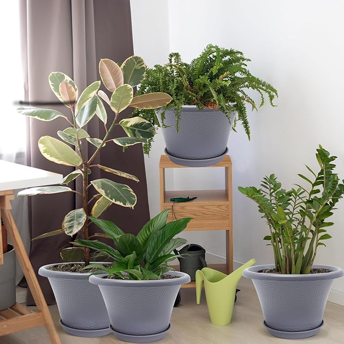 Quarut 12 Inch Large Planter Pot for Plants Indoor Outdoor, 4 Pack Plastic Flower Pots with Drainage Hole & Tray, Modern Decorative Garden Pot with Saucer, Plant Container for House Grey