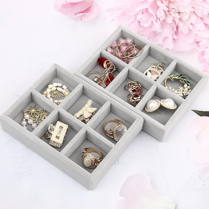 DesignSter Small Jewelry Tray, 2PCS Ring Organizer, Velvet Jewelry Display Tray, Stackable Jewelry Organizer Trays, Jewelry Drawer Organizer Inserts For Dresser, Jewelry Box (Gray)