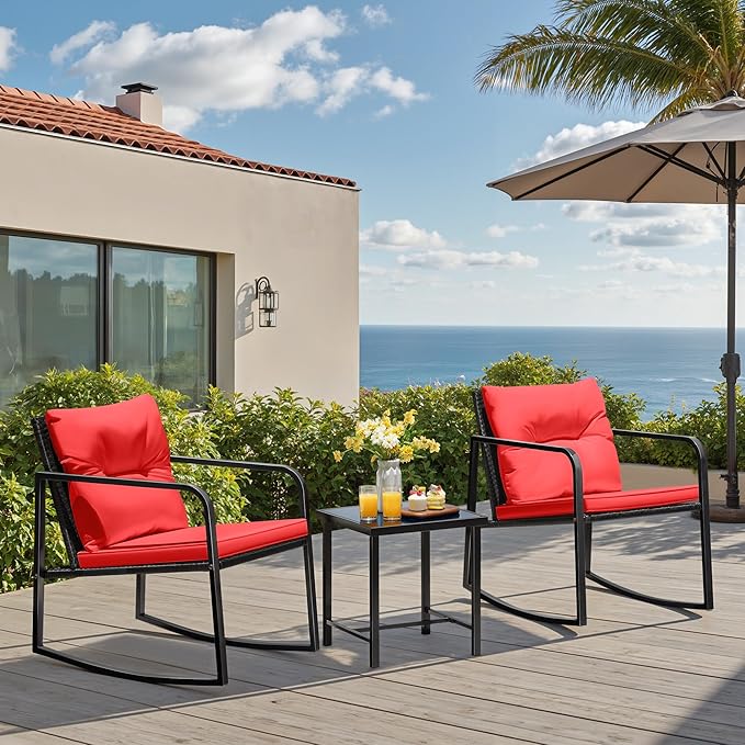Greesum 3 Pieces Rocking Wicker Bistro Set, Patio Outdoor Furniture Conversation Sets with Porch Chairs and Glass Coffee Table, Red