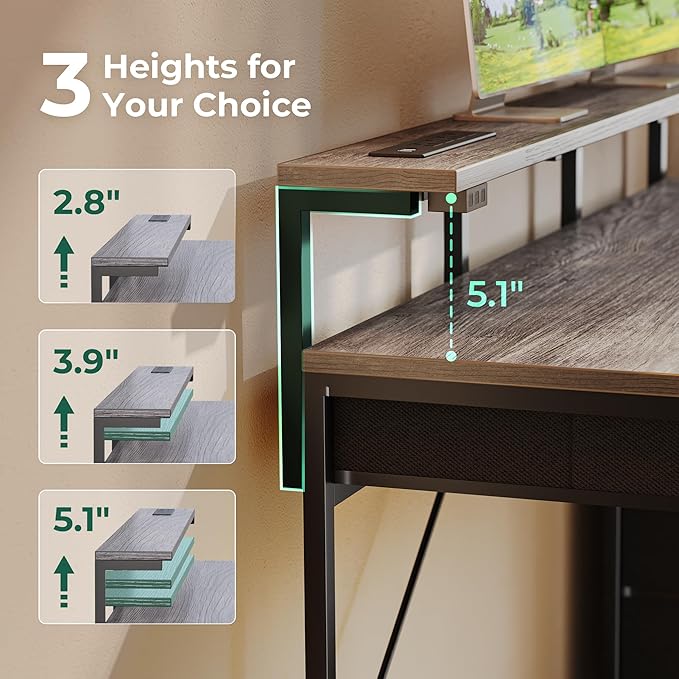 Huuger Gaming Desk with 6 Drawers, Computer Desk with LED Lights Power Outlets and Type-C, 39 Inch Office Desk with Storage, Monitor Stand, Writing Desk Work Desk for Home Office, Bedroom, Study, Grey