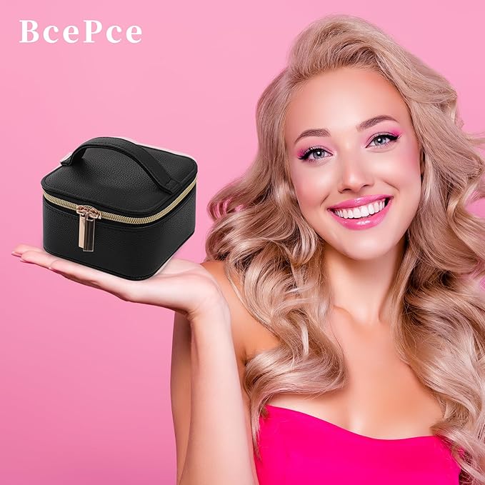 PU Leather Travel Jewelry Organizer Case with 4 Pouches & Handle, Anti-Tangle Storage Box for Necklace, Earrings, Rings, Compact Jewelry Box for Women Gift (Black)