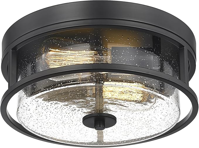 2-Light Flush Mount Ceiling Light, Farmhouse Industrial Black Finish with Seeded Glass Ceiling lamp, Modern Ceiling Light Fixture for Bedroom Living Room Kitchen Hallway Entryway