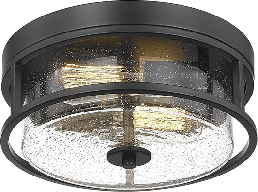 2-Light Flush Mount Ceiling Light, Farmhouse Industrial Black Finish with Seeded Glass Ceiling lamp, Modern Ceiling Light Fixture for Bedroom Living Room Kitchen Hallway Entryway