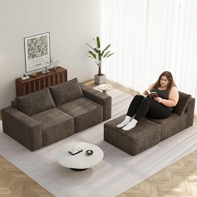 Vesgantti 114" Boneless Modular Sectional Sofa, Modern 3 Seater Couch with Ottoman & Deep Seat, Convertible Chenille L Shaped Cloud Couches for Living Room, No Assembly Required, Dark Brown