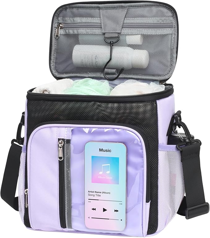 F-color Hanging Shower Caddy Portable - College Dorm Essentials for Girls with Hooks, Soft Crossbody Shoulder Strap, Multiple Pockets, Quick-Dry Shower Bag for Dorm Travel Essentials, Purple